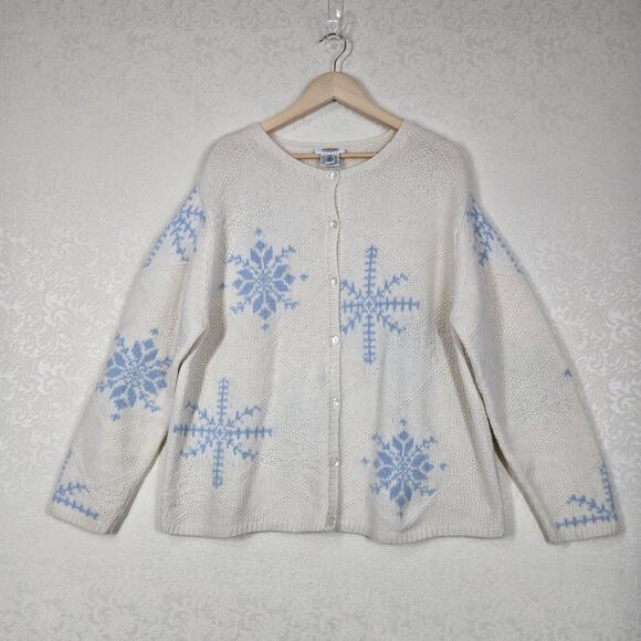 VTG Talbots Lambswool Angora Cardigan 1X Ivory Blue Snowflakes Holiday - Picture 14 of 14